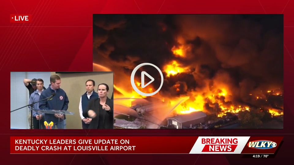 LOUISVILLE, Ky. —
IMPORTANT UPDATES:

11 now reported dead, one of whom is a young child. Fifteen hurt and 16 unaccounted for.
Left wing of plane caught fire during takeoff roll, left engine detached, NTSB said. Cause not yet determined.
State of emergency declared (scroll down for more details)
Air and water should be safe, but people advised not to drink water if you live near the airport.
The shelter-in-place has been reduced to a quarter mile radius of 7501 Grade Lane, the city's hazardous waste drop-off site.